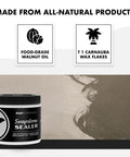Natural Stone Sealer For Concrete Granite Marble Slate Countertop Protector Food Safe Straight Up Matte Finish in a container with soapstone surface.