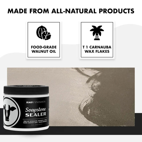 Natural Stone Sealer For Concrete Granite Marble Slate Countertop Protector Food Safe Straight Up Matte Finish in a container with soapstone surface.