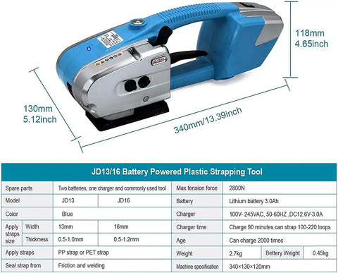 Heavy Duty Automatic Hot Melt Strapping Tool That Knocks Out 13 To 16 Mm Pp And Pet Straps With A Reliable 3000 Mah Battery, blue design.