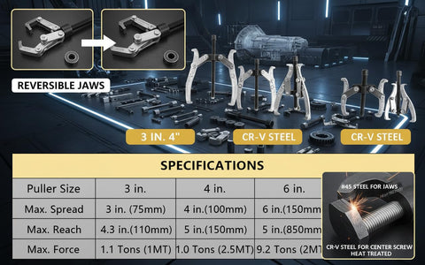 Heavy Duty Gear Puller Set With 2 And 3 Jaw Configurations 4 Piece Kit on display with reversible jaws and specifications