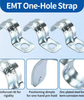 Heavy Duty One Hole 1/2 Emt Straps 100 Pack Zinc Plated Steel Conduit Clamps For Electrical Tubing showing design features.