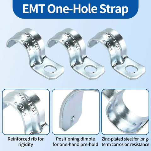 Heavy Duty One Hole 1/2 Emt Straps 100 Pack Zinc Plated Steel Conduit Clamps For Electrical Tubing showing design features.