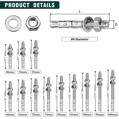 12 Pack M6 1.0 By 60mm Wedge Anchors Stainless Steel 304 Grade 18 8 Concrete Anchor For Heavy Duty Outdoor Marine Use