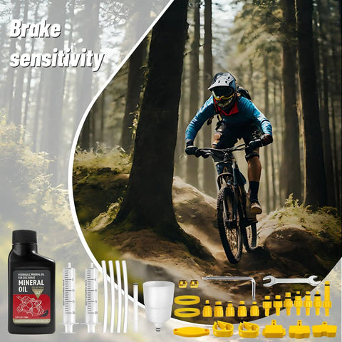 Bike Hydraulic Brake Bleed Kit With 150ml Mineral Oil Universal Adapters for Shimano Tektro TRP Disc Brakes and cyclist in forest