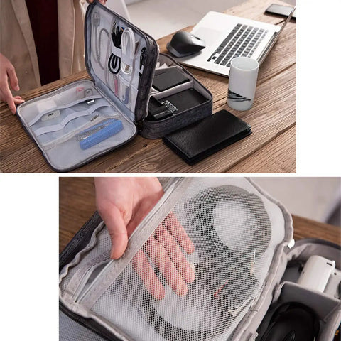 Open grey Three Layer Electronics Organizer Carry All Bag with gadgets like iPad Mini, cables, and chargers visible.
