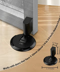 No Magnetic Door Stopper With Mechanical Lock, Adjustable Indoor Door Holder, Matte Black installed under door, dimensions labeled