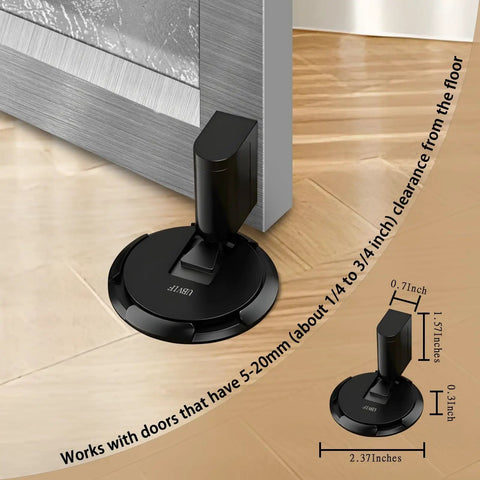 No Magnetic Door Stopper With Mechanical Lock, Adjustable Indoor Door Holder, Matte Black installed under door, dimensions labeled