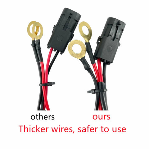 Comparison of two wiring harnesses, thicker wires show Electric Wheelchair Lift Battery Cable Wiring Harness, 22 Feet, Heavy Duty 10 Gauge