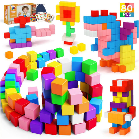 80 Piece Magnetic Blocks STEM Set For Kids Ages 3 To 8 Build Big 3D Towers Animals And Vehicles Boost Spatial Reasoning Fine Motor Skills Color Recognition And Hands On Guided STEM Play, colorful magnetic cube set