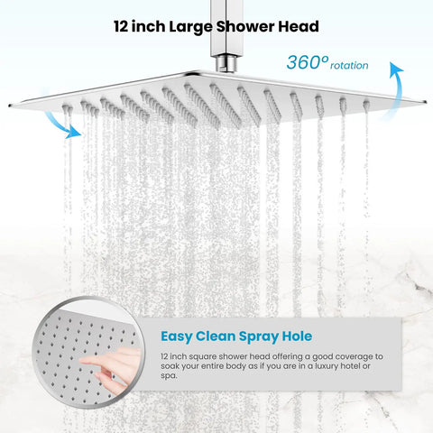 12 inch square rainfall head of Polished Chrome Rain Shower Mixer Faucet Set With Waterfall Tub Spout 12 Inch Square Rainfall Head Ceiling Mount With Handheld Sprayer All In One Rough In Valve And Trim Included