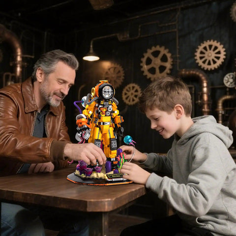 Father and son assembling Steampunk Diver Building Set For Adults With 1287 Pieces, Deep Sea Explorer Robot Model on a table.