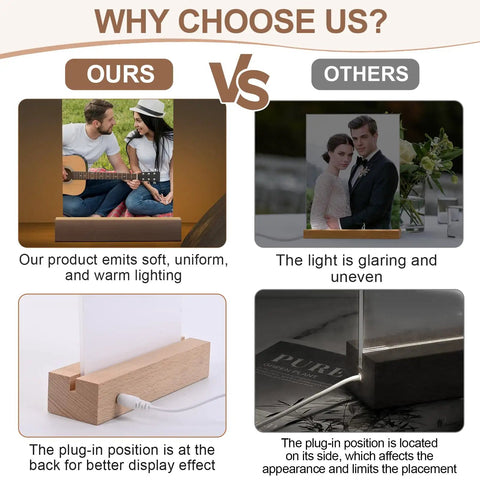 Comparison of 5 By 7 Inch Sublimation Ready Heart Shape LED Acrylic Photo Frames with warm vs. glaring lighting in a room setting