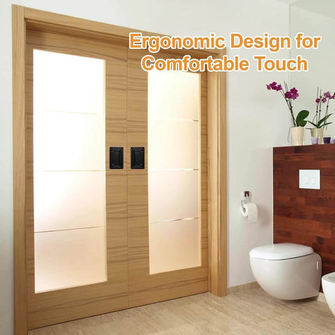 Interior double doors with recessed flush pull handles installed, black, zinc alloy, ergonomic design, in a modern bathroom.