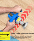 User demonstrating Tough As Nails Toe Kick Saw Cuts Flush Under Cabinets With 3 3/8 Inch Blades on wood floor.