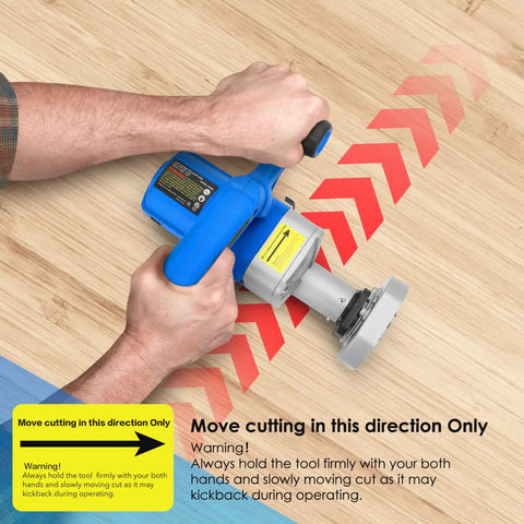 User demonstrating Tough As Nails Toe Kick Saw Cuts Flush Under Cabinets With 3 3/8 Inch Blades on wood floor.
