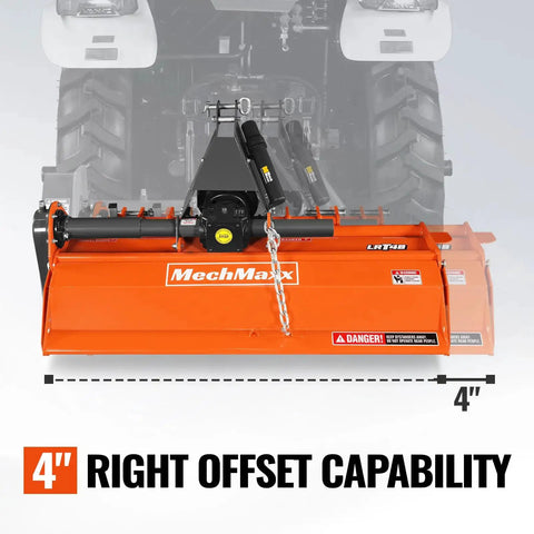 48 Inch Tractor Rotary Tiller Attachment For 3 Point Cat 1 Hitch Chain Drive PTO Shaft Included With Shear Bolt 15 To 35 HP Manual Offset Up To 4 Inches LRT48 showing offset capability