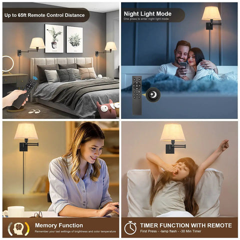 Plug In Wall Sconce With Remote Dimmer And Adjustable Color Temperature 2700K To 6500K, Swing Arm, Beige Fabric Shade, 11.8 Inch