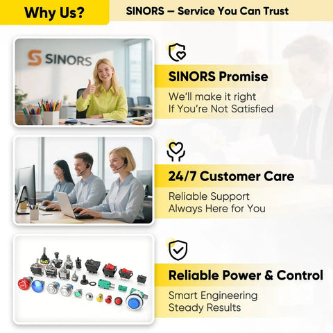 Collage highlighting SINORS promise, 24/7 customer care, and reliable power control with images of staff and equipment.