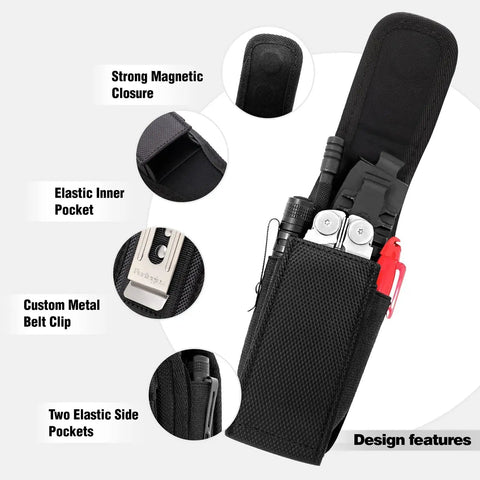 Magnetic Tool Sheath For Leatherman Fits Wave Plus Wingman Charge Surge Super Tool 300 in black nylon with belt clip details