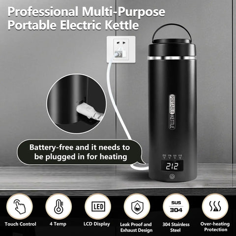 Portable Travel Electric Kettle With Four Temperature Settings 304 Stainless Steel Auto Shut Off 450ml Compact shown plugged in