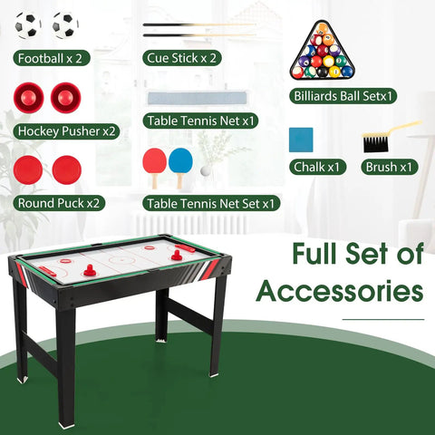 49 Inch 4 In 1 Combo Game Table Featuring Fast Swap Foosball Slide Hockey Ping Pong And Pool Tops Built For Adult Game Rooms with accessory set.