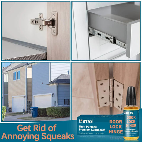Collage of door lock and hinge lubricant oil with needle oiler for squeaky keyholes shown with hinges and locking mechanisms.