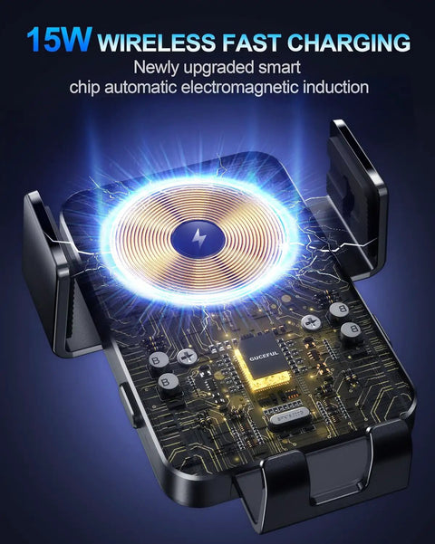 Wireless Car Charger Mount With Auto Clamping And 15W Fast Charging For IPhone 17 16 15 Pro Max XR Mini and Galaxy S25 Ultra showcasing electromagnetic induction and circuit board.