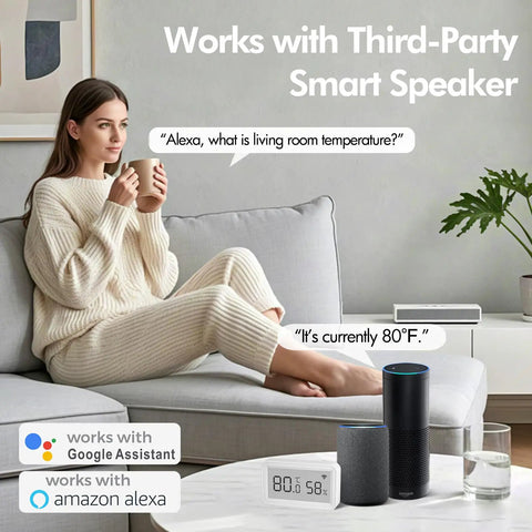 WiFi Thermometer Hygrometer Real Time Temperature And Humidity Sensor For Smart Home Nursery Greenhouse And Storage Remote Monitoring Via Smart Life Tuya App Over 2.4GHz WiFi No Hub Needed on table next to smart speaker