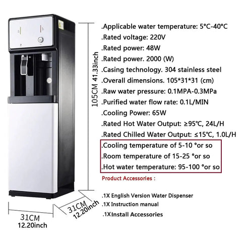 Slick Tankless Water Dispenser Chiller With Four Stage Filtration And Three Custom Temp Settings, 105CM tall, 304 stainless steel.