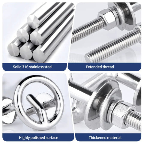 Solid 316 stainless steel rods and components, including threads and polished ski tow eye, for boats and kayaks installation.