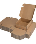 Rock Solid 50 Pack Small Shipping Boxes 6x6x2 Inch Brown Kraft Corrugated Cardboard Mailing Cartons stacked with open box.