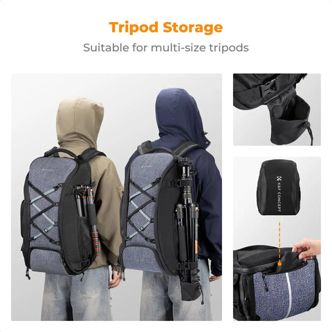 Two people wearing 30L Camera Backpack with tripod holder, showcasing side pocket access for multi-size tripods
