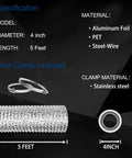 Beefy 4 Inch Dryer Vent Hose For Tight Spaces, Flexible 5 Ft Aluminum Foil Ducting, Heavy Duty 6 Ply Build With 2 Clamps
