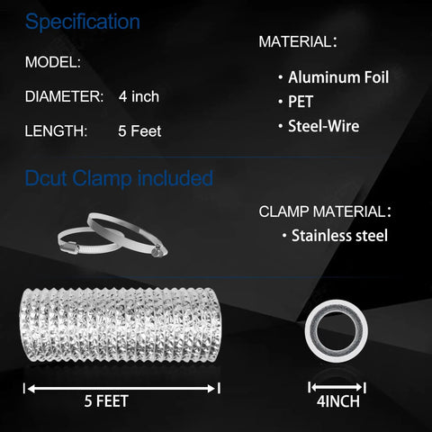 Beefy 4 Inch Dryer Vent Hose For Tight Spaces, Flexible 5 Ft Aluminum Foil Ducting, Heavy Duty 6 Ply Build With 2 Clamps