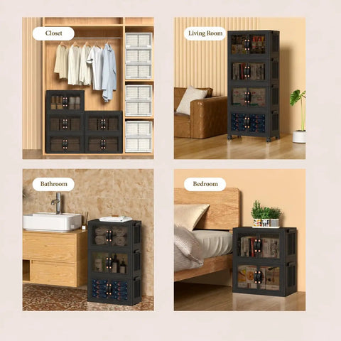 Heavy Duty Fold Flat Storage Bins With Slick Dual Front Door Access And Secure Lids Built Different Stackable Plastic Organizer Totes For Your Garage Office Pantry Or Home Gear Setup 4 Pack Black Nine Gallon Capacity Each displayed in closet, living room, bathroom, and bedroom settings.