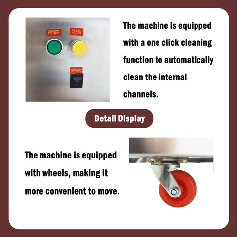 Automatic 10 To 100 Ml Paste And Liquid Filling System With Smart Microcomputer Control showing cleaning buttons and wheels for easy mobility.
