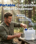 Man using collapsible water container with spigot for camping and outdoor use space saving portable 5L water storage bag.