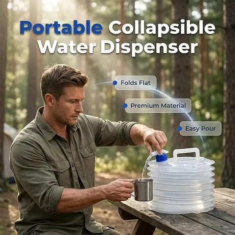 Man using collapsible water container with spigot for camping and outdoor use space saving portable 5L water storage bag.