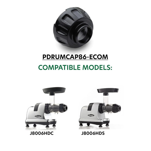 End Cap Replacement For Juicer Models J8006HDS And J8006HDC black part with J8006HDC and J8006HDS juicers illustration