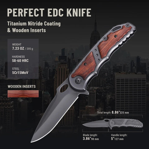Close-up of Everyday Carry Folding Knife For Men with 5Cr15MoV blade and wood handle against cityscape background.