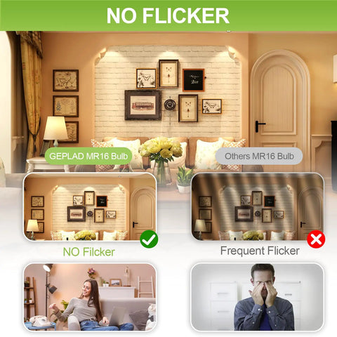 Image comparison of GEPLAD MR16 LED Bulb with no flicker versus others with frequent flicker, highlighting lighting quality.