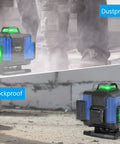 Green Beam 16 Lines Laser Level With Self Leveling, 150ft Range, shown in dusty and rugged conditions, dustproof, shockproof