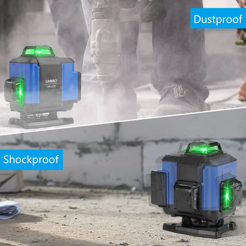 Green Beam 16 Lines Laser Level With Self Leveling, 150ft Range, shown in dusty and rugged conditions, dustproof, shockproof
