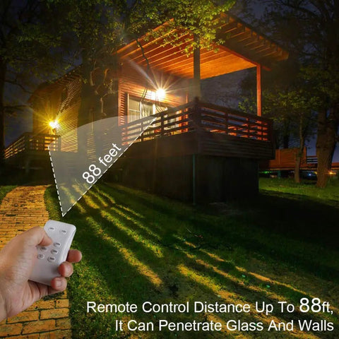 100W Led Solar Flood Lights Outdoor Dusk to Dawn Solar Lights 12000Lm with remote control operating at 88 feet distance.