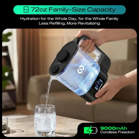 72 Oz Hydrogen Water Pitcher Pro Generator With 3000 PPB SPE PEM Tech pouring water into glass