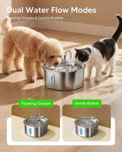 Dog and cat drinking from Stainless Steel Cat Water Fountain With Quiet Pump Three Point Two Liter 108Oz For Cats Dishwasher Safe