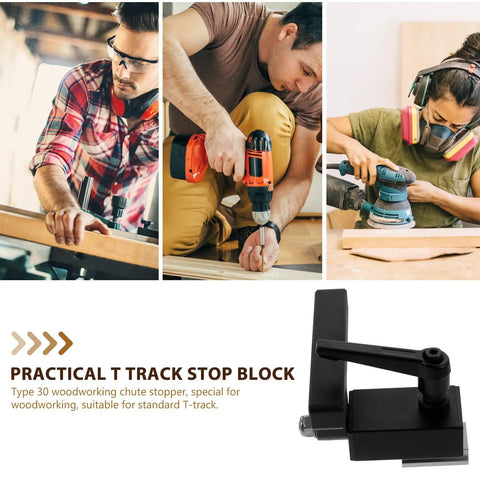 Pro Grade T Track Stop Block Type 30 Aluminum Alloy Woodworking Limiter with locked stopper displayed beside craftspeople working