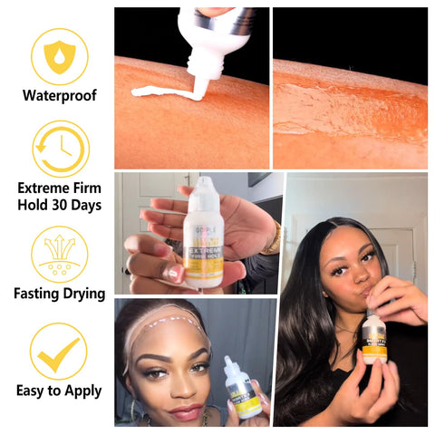 Multiple images showing Waterproof Lace Front Wig Glue For A Strong Clear Bond That Delivers Invisible Hold On Hair Replacement For A Natural Look Water Based Adhesive 1.28 Fl Oz in use