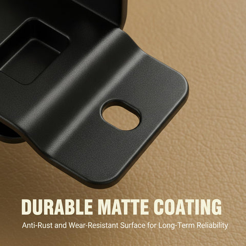 Close-up of Heavy Duty 2 In 1 Quick Fitting Furniture Corner Bracket with durable matte black coating on leather surface