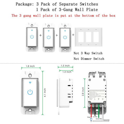 Three Gang In Wall Smart Light Switch Kit With 2.4Ghz WiFi, Touch LED Backlit Panel, Works With Alexa And Google Assistant diagram